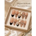 Black French Bow Press‑On Nails, Nude Polka‑Dot Elegant Almond False Nails with 3D Bow & Rhinestones